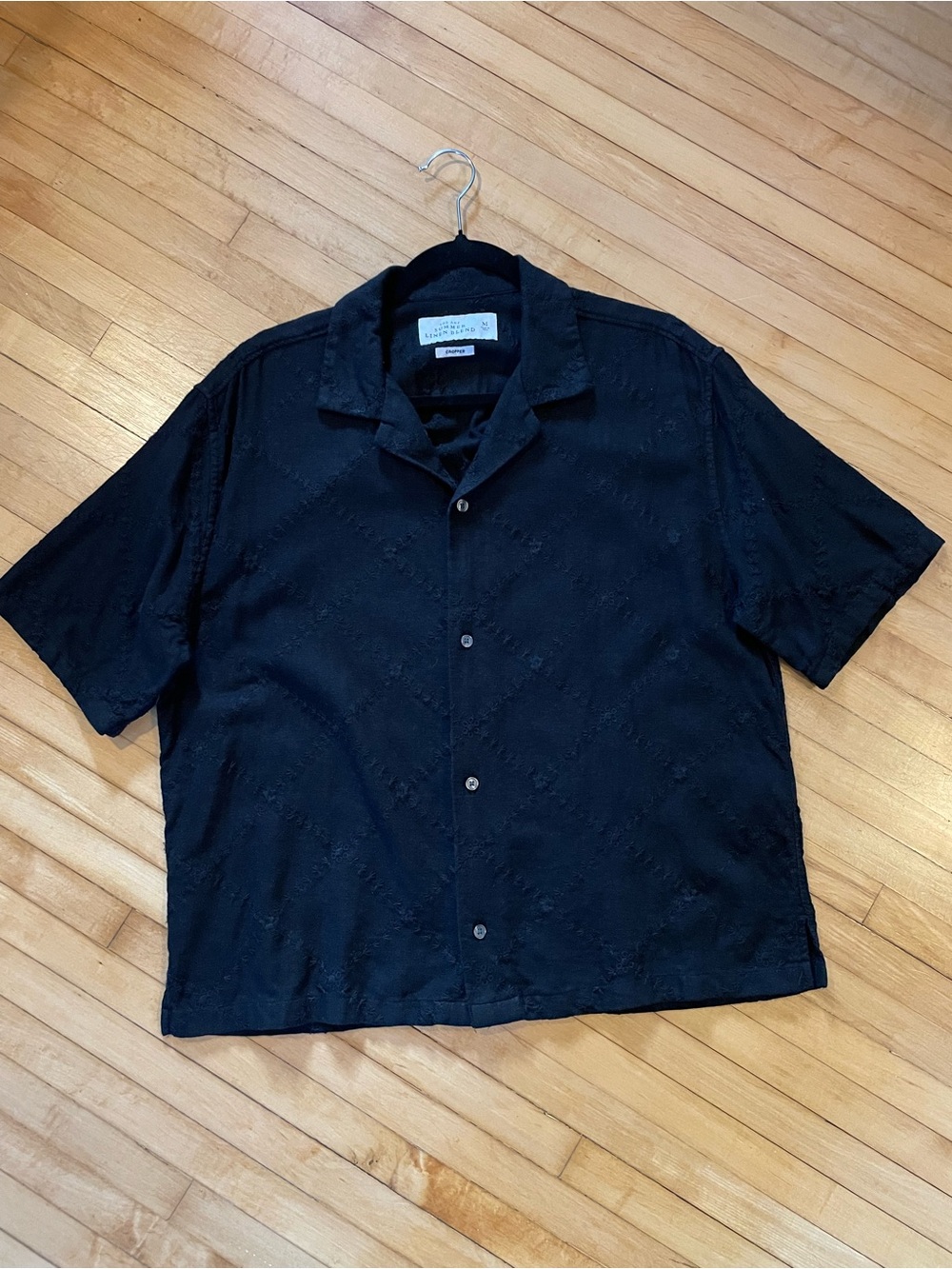 ABERCROMBIE & FITCH Linen Button Down Camp Cabana Shirt Embroidered Black